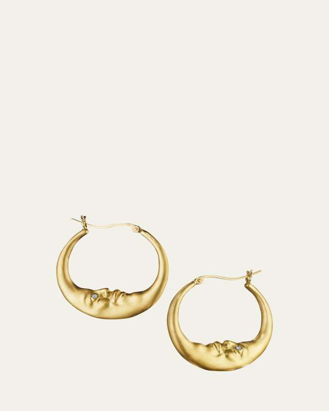 Medium Crescent Moon Hoop Earrings 26mm 18K Gold Diamonds